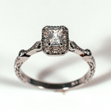 Side Stone Halo Radiant Cut Sterling Silver Ring CZ