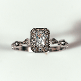 Side Stone Halo Radiant Cut Sterling Silver Ring CZ