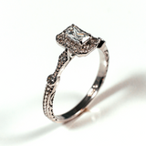 Side Stone Halo Radiant Cut Sterling Silver Ring CZ