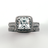 Halo Princess Cut Pave Set Stackable Sterling Silver Ring CZ