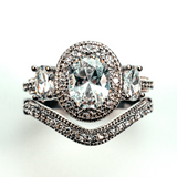 Halo Oval Side Stone Stackable Sterling Silver Ring CZ