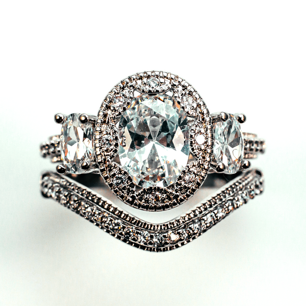 Halo Oval Side Stone Stackable Sterling Silver Ring CZ