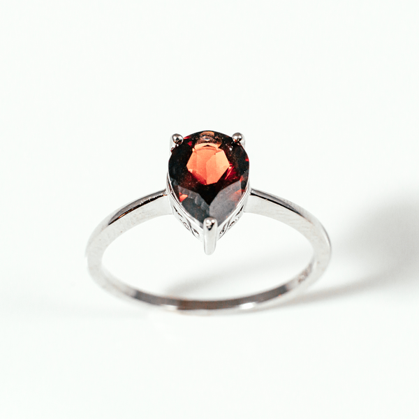 Deep Rose Pear Solitaire Sterling Silver Ring CZ